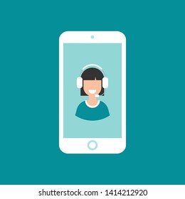 Woman operator with headphones and microphone on smartphone's screen. flat vector illustration on blue background. Guy with headset on mobile. consulting, job online, internet. Call center. help line