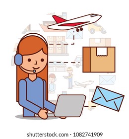 woman operator logistic headset and box envelope airplane
