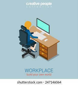 Woman operator manager workplace flat 3d web isometric infographic concept vector. Build your own world creative people collection.