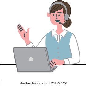 woman operator telephone laptop computer advise suggest