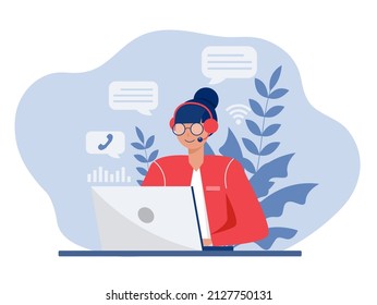  woman operators in headset advising customers flat style design.Call center workers help clients.Call center, hotline flat vector. illustrator.