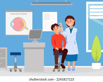 Woman ophthalmologist dripping drops into eyes of patient. Consultation and vision treatment in medical clinic cartoon vector