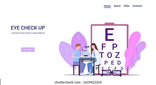 woman optician examining eye vision of male patient on slit lamp eye check up medicine healthcare concept ophthalmology clinic horizontal full length copy space vector illustration