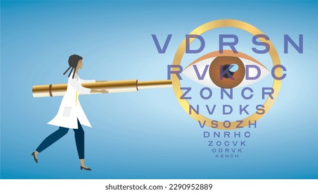 Woman, optometrist, optician with big magnifying glass. Focus on eye. Dimension 16:9. Vector illustration.