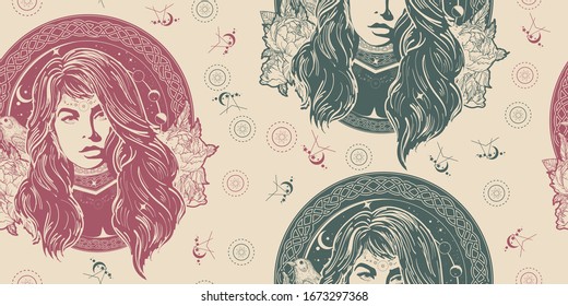 Woman oracle. Seamless pattern. Packing old paper, scrapbooking style. Vintage background. Medieval manuscript, engraving art. Mystical fortune teller of destiny. Symbol of the occult, esoteric 