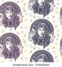 Woman oracle. Seamless pattern. Packing old paper, scrapbooking style. Vintage background. Medieval manuscript, engraving art. Mystical fortune teller of destiny. Symbol of the occult, esoteric 