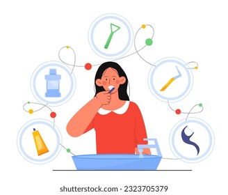 Woman with oral hygiene concept. Young girl brushing her teeth near dental equipment icons. Routine and hygiene, health care. Cleanliness and purity. Cartoon flat vector illustration