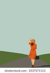 A woman in an orange dress and hat walking away on a road, holding a suitcase. Green fields and blue sky in the background.