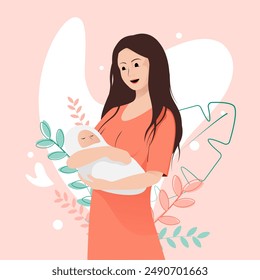 Woman in orange dress is holding a baby with tenderness on peach floral background