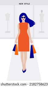 Woman in orange dress. Shopping time. Purchases. Sales. Vector illustration 