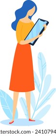 Woman in orange dress using tablet, blue-haired female reading electronic book. Modern technology and education vector illustration