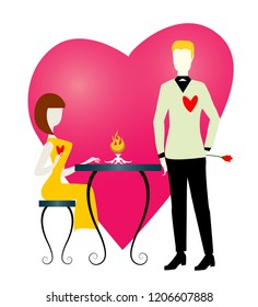 A woman in orange dress and white shoes, sitting at a table, is talking to her boyfriend in black and white suit during the New Year party