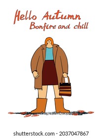 woman with orange hair in trendy clothes with handwritten text hello Autumn Bonfire and chill on white background. Hand drawn people illustration. Autumn postcard