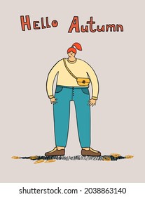 woman with orange hair in trendy clothes with handwritten text hello Autumn on paslet background. Hand drawn people illustration. Autumn postcard