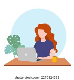 A woman with orange hair works on a computer in the office or at home. Freelancer or student. Home office concept. Vector illustration in a flat cartoon style.