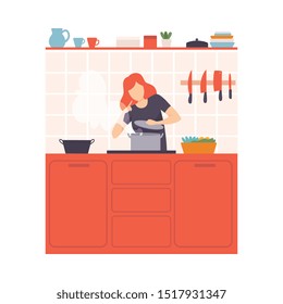 Woman in an orange kitchen peeks into a pot. Vector illustration.