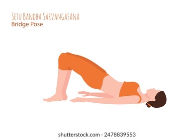 Woman in orange outfit in a yoga pose. Female cartoon character demonstrating various yoga positions isolated on light background. Colorful flat illustration  for spiritual, yoga, sport, social media.