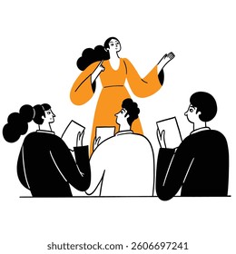 A woman in orange presents to a group holding papers.  She gestures expressively, seemingly explaining or leading a discussion. The minimalist style focuses on the figures.