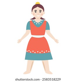 Woman in an orange and teal dress. Vector illustration.