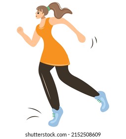 A woman in an orange tunic and dark sweatpants with her hair tied up while jogging. Female character running, doing fitness. Vector illustration of active healthy lifestyle modern design in flat style