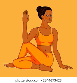 woman in orange uniform doing difficult yoga