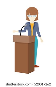 Woman orator speaking from tribune. Concept of public speaking, business seminar and business conference, couching. Woman standing at lectern giving public speech. Web infographics in flat.