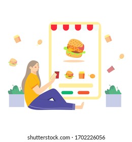 Woman order food online. meal delivery service concept design vector