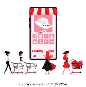 A woman order product online by phone and having a red shopping bag in shopping cart