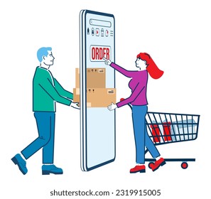 Woman order product and receiving box from courier through smartphone screen, isolated on white background. Vector illustration eps10