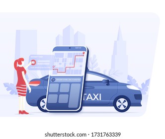 Woman order taxi service via online mobile app on smartphone with navigation city map and pin point location. vector image illustration