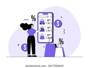 Woman ordering clothes from online clothing store, Online shopping flat illustration vector concept, E-commerce, Digital store, E-shop,