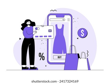 Mujer haciendo pedidos de ropa de tienda online de ropa, compra en línea de la figura plana de la ilustración vectorial, comercio electrónico, tienda digital, tienda electrónica, productos de moda femenina