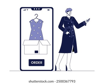 Woman ordering clothes via online shopping app on smartphone, delivery vector illustration.