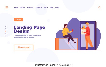 Woman ordering delivery from grocery store. Courier stepping of gadget with bag of food flat vector illustration. App, internet, service concept for banner, website design or landing web page
