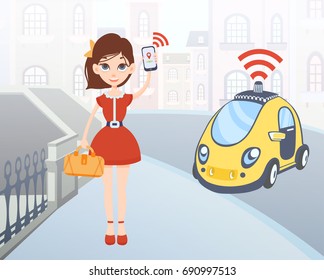 Woman ordering driverless taxi using mobile application. Cartoon female character with smartphone in hand and car on city street background. Vector illustration.