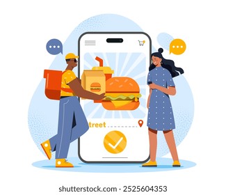 Woman ordering food. Man brings woman hamburger and soda. Unhealthy eating. Online shopping and electronic commerce. Logistics, distribution and shipping. Flat vector illustration