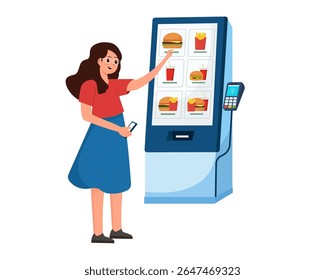 Woman ordering food on digital self-service kiosk at fast food restaurant automated machine and electronic payment vector illustration	