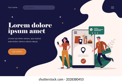 Woman ordering food online. Courier, smartphone, express flat vector illustration. Delivery service and shipment concept for banner, website design or landing web page
