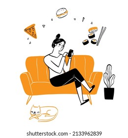 Woman ordering food online from home in living room. Fast online delivery service. Online order. Internet e-commerce. concept for website or banner. Hand drawn Vector illustration