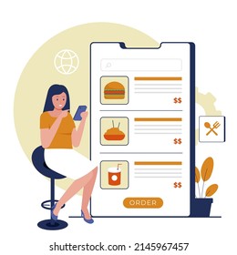 woman ordering food online via apps. Illustration for websites, landing pages, mobile applications, posters and banners. Trendy flat vector illustration