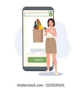 Woman ordering food,groceries from her smartphone. Online delivery concept. Flat vector cartoon character illustration.