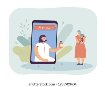 Woman ordering medicine online. Female character holding child, doctor giving her bottle of medicine from mobile phone, smiling. Online shopping concept for banner, website design or landing web page