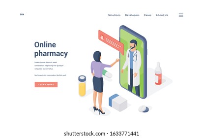 Woman ordering medicine online on smartphone. Female communicating with doctor on smartphone while ordering remedy online on vector banner of healthcare industry website. Isometric vector illustration