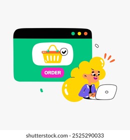 Woman ordering online in flat vector illustration symbolizing e commerce, online shopping, and digital purchases, isolated on white background