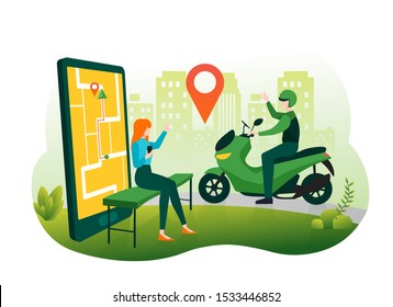 Woman ordering online motorcycle transportation using smartphone app service. Illustration for webpage, landing page, infographic and banner