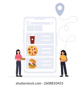 Woman ordering  pizza ,burger and drink  online through big smartphone and ordering pizza ,burger and drink online from restaurant.vector illustration.