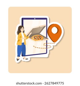 Woman ordering pizza online using mobile app with geolocation tracking on smartphone