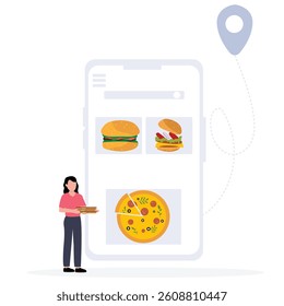 Woman ordering pizza,burger online through big smartphone and ordering pizza,burger online from restaurant. vector illustration.