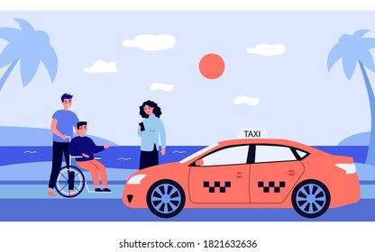 Woman ordering taxi for handicapped man. Sea, car, wheelchair flat vector illustration. Transportation and weekend concept for banner, website design or landing web page