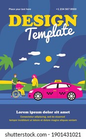 Woman ordering taxi for handicapped man. Sea, car, wheelchair flat vector illustration. Transportation and weekend concept for banner, website design or landing web page